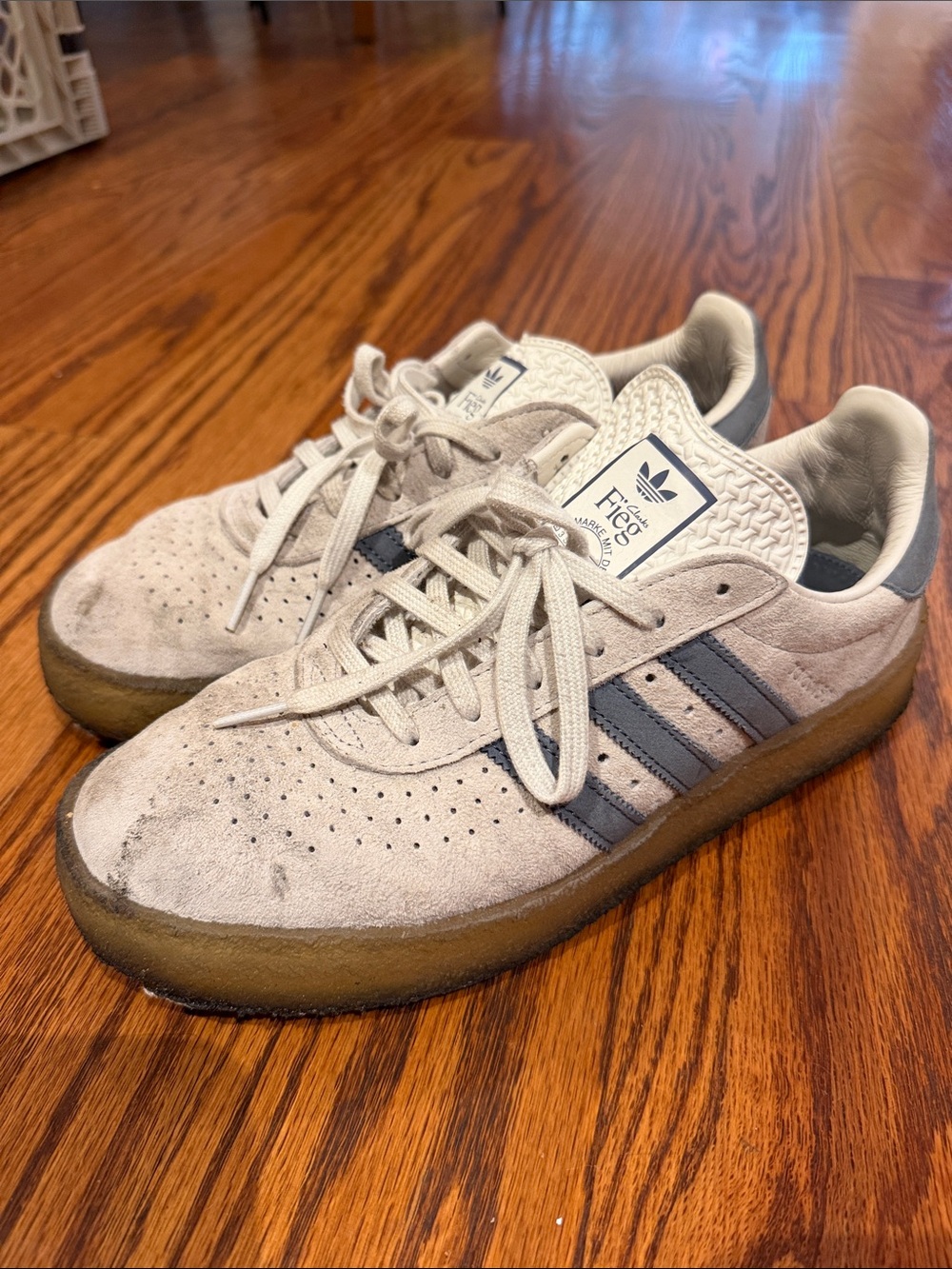 RONNIE FIEG X CLARKS X ADIDAS Men’s Light Beige Suede Sneakers with Navy Stripes